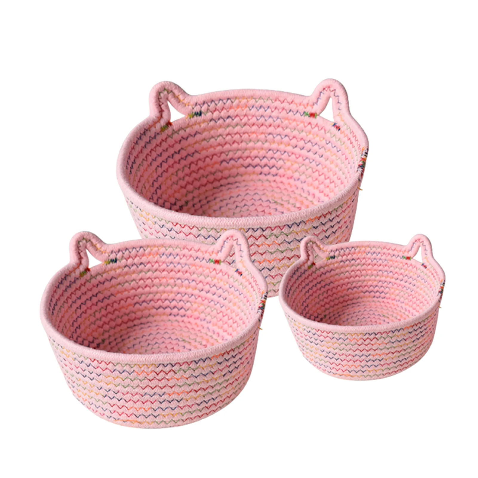 Cotton Rope Hand-woven Storage Basket With Cat Ear Shape Handles Lovely & Practical Home Supply Key Snacks Organizer