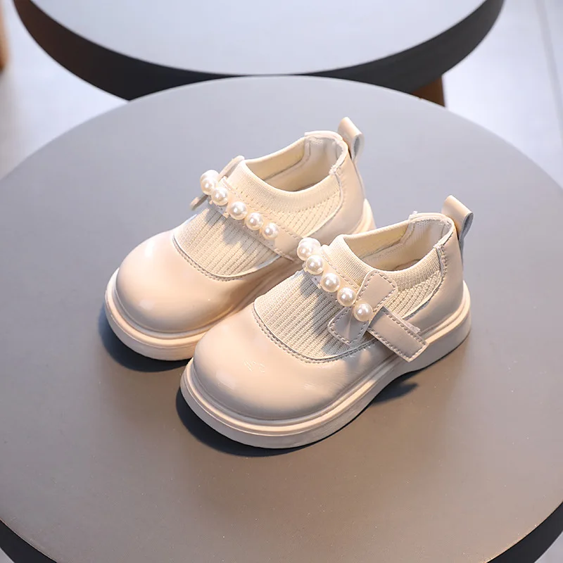 2024 Autumn New Pearls Princess Shoes for Children Soft Sole Outdoor Shoes Baby Girls Party Shoes Kids Pu Leather Shoes