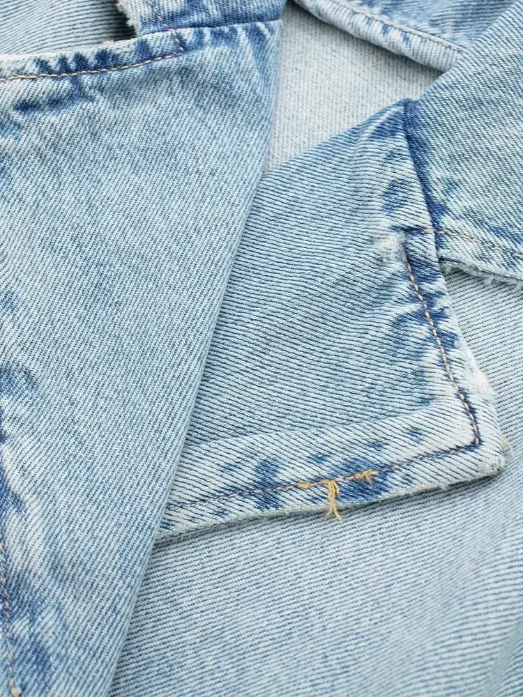 Spring Lapel Notched Collar Washing Blue Denim Jacket Vintage Women Hem Buckle Belt Draped Jean Coat Cool Outerwear 3 Color