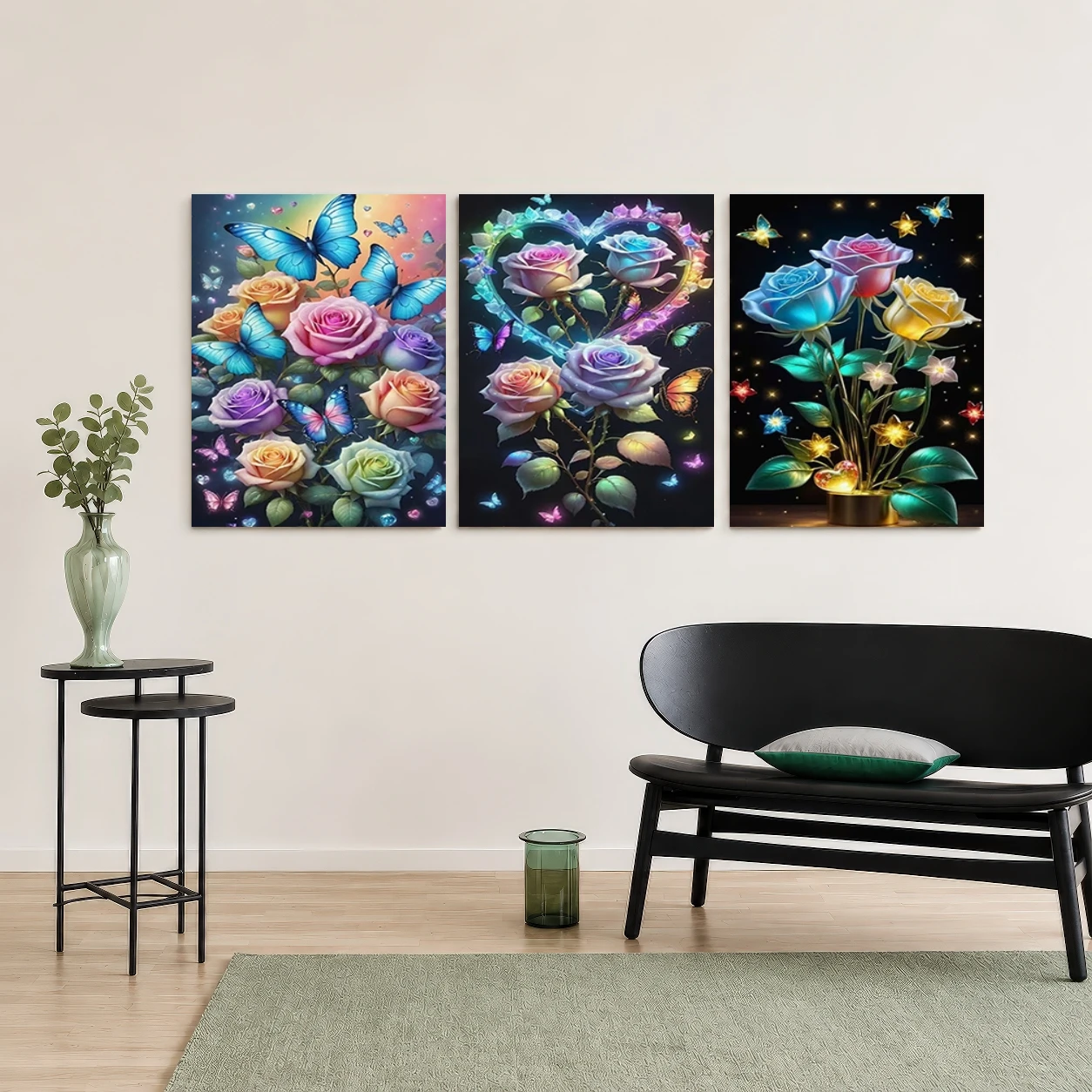 2D Flat, 3pcs 2D Flat Frameless Modern Floral Butterfly Wall Art Prints - Suitable for Living Room,, Shimmering Rose & Butter