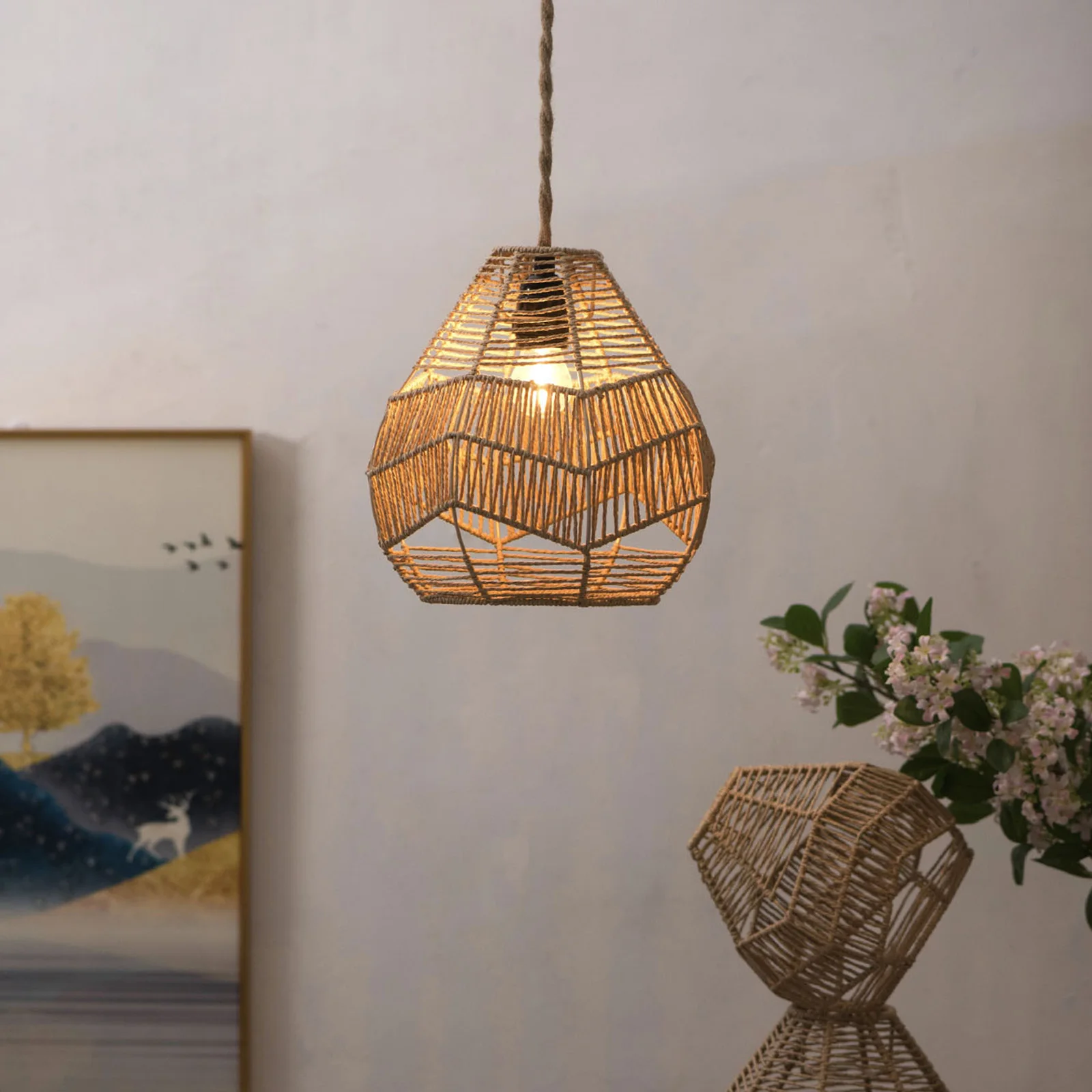

Nordic Modern Retro Hand-woven Lamp Shades atural Rattan Wicker Hanging Light Chandeliers Decorative Covers