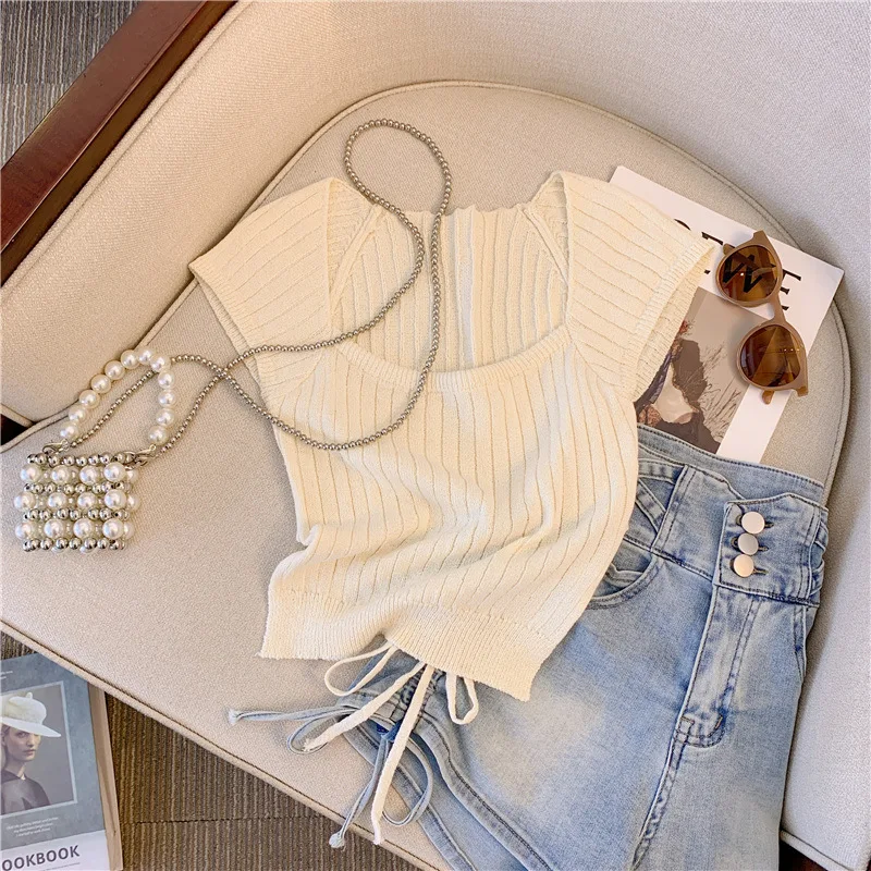 White square neck lace-up sweater summer 2024 new design sense niche short slim short sleeve blouse female