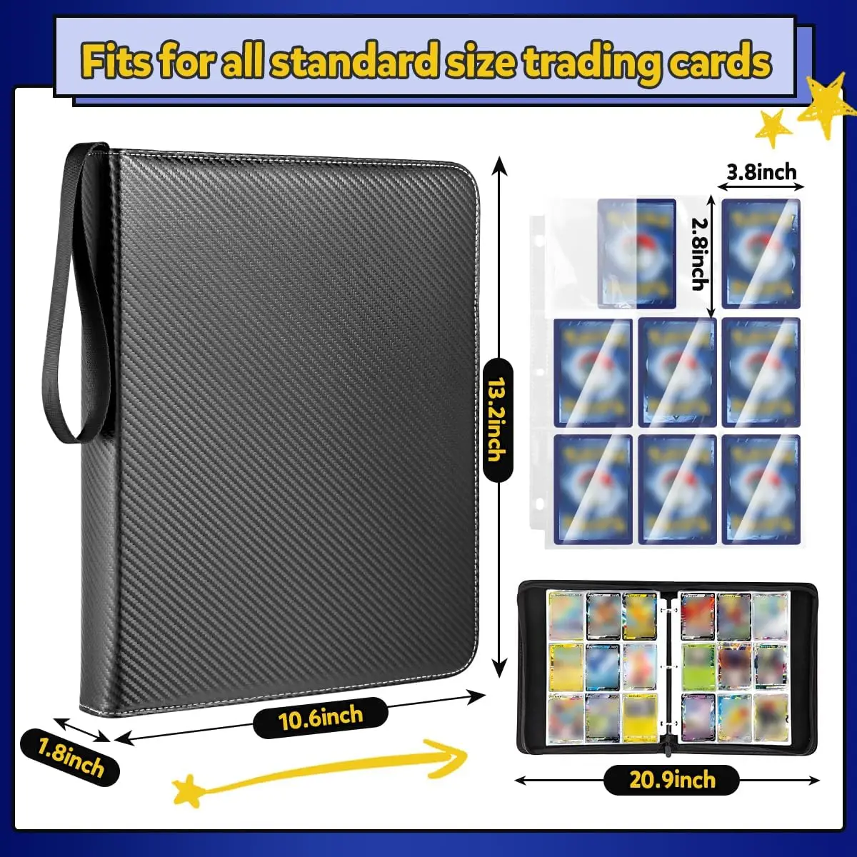 900 Pockets Card Binder Sleeves with Zipper, Double Sided Pockets Card Holder Carry Card Case for TCG CCG Card Storage(Black)