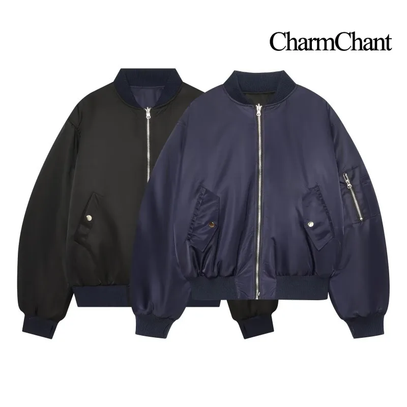 CHARMCHANT Unisex Reversible Padded Bomber Jacket Stand Collar Zip Up Loose Fit Two Side Wear Casual Coat Autumn Winter 2026