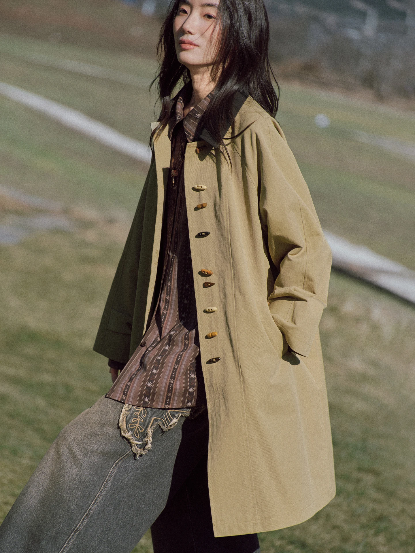 

Octopusme Early Spring Woodie Jacket Color Block Mid-Length Women's Coat Breathable Standard Fit Vintage Style Long Sleeve