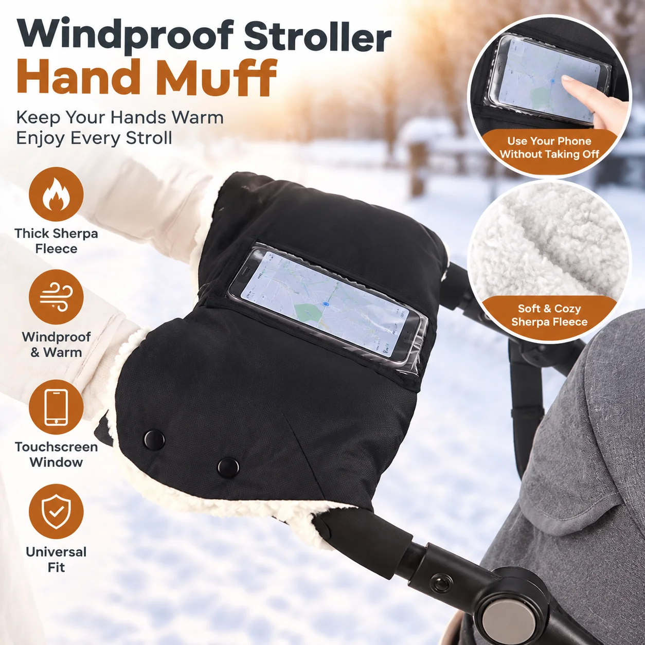 Manicotto per passeggino con tasca per telefono, universale, in spesso pile sherpa, copri mani per passeggino, antivento, caldo, guanti invernali per 