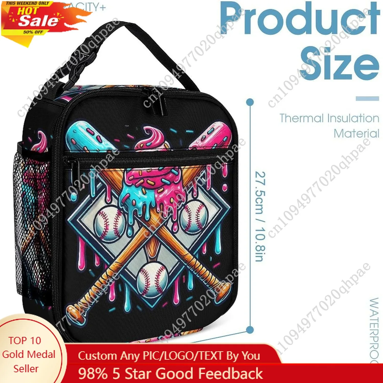 

Baseball Home Plate Drip Ice Cream Game Day Lunch Bag Portable Insulated Lunch Box Large Capacity Tote Bag Zipper Net Pocket 10