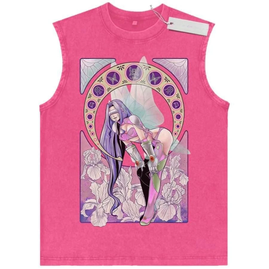 

Vintage Washed Men Pink Cotton Tank Top Fantasy Winged Woman Circular Print Hip Hop Gym Vest for Summer 2026