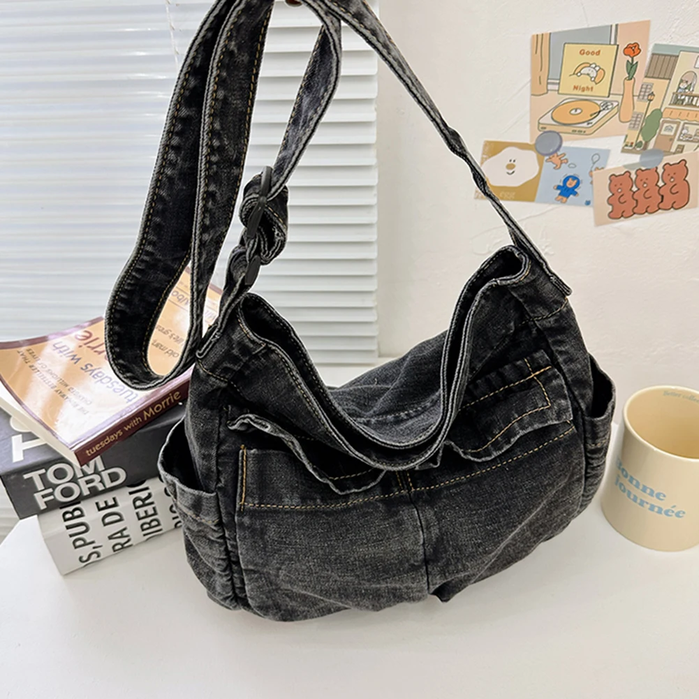 Women Casual Satchel Bag Large Capacity Denim Daily Tote Bag Adjustable Strap Trendy Carrying Bag Multifunction Chic Hobo Bag