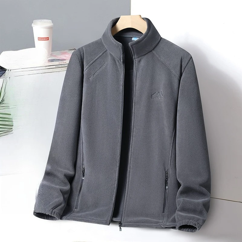 Winter Men's Fleece Zipper Letter Embroidery Jacket Outdoor Windproof Stand Collar Keep Warm Sweatshirt Thickened Travel Coats