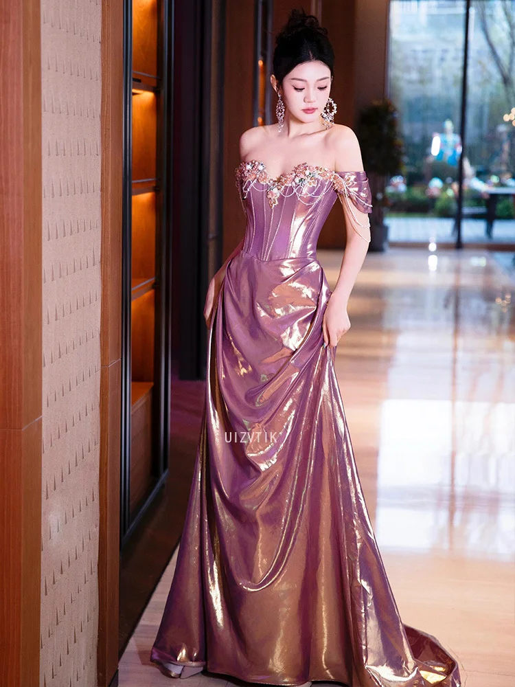 

2025 Purple Evening Party Dress Women Satin Off Shoulder Beaded Prom Dress Light Luxury Banquet Mermaid Formal Occasion Dress