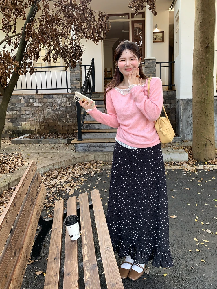 

Корейская универсальная длинная юбка А-силуэта в горошек для женщин, элегантная повседневная юбка в горошек из полиэстера