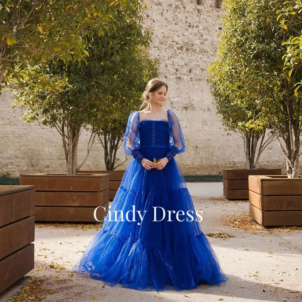 Cindy Multi-layer Tube Top Blue Puff Sleeves Dubai Luxury Evening Dress Women Elegant Party Dresses Medium Length Prom Gown 2024