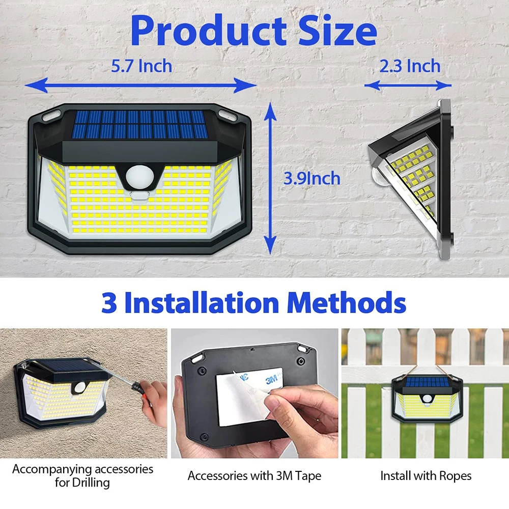 Outdoor Solar Security Lights, Motion Sensor, IP65 impermeável, Wall Light, Jardim, 3 Modos, 202 LED