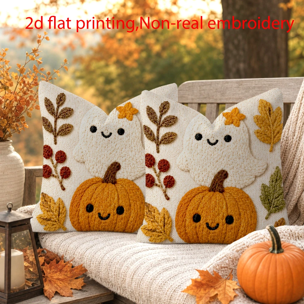 2PCS Embroidery Style Ghost Pumpkin Print Pillow Covers Cute Halloween Fall Decorative Throw Pillow Sofa Couch Home Decor