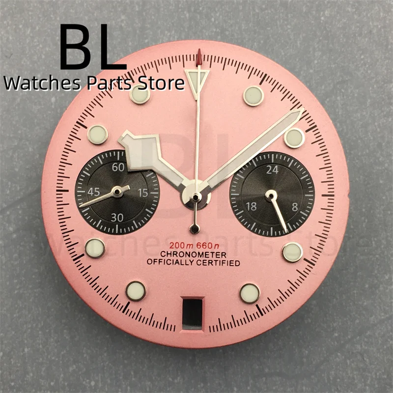 BLIGER Black Pink VK64 Watch Dial With Snowflake Hands Set C3 Green Luminous Fit For VK64 Quartz Movement Replacement Watch Part