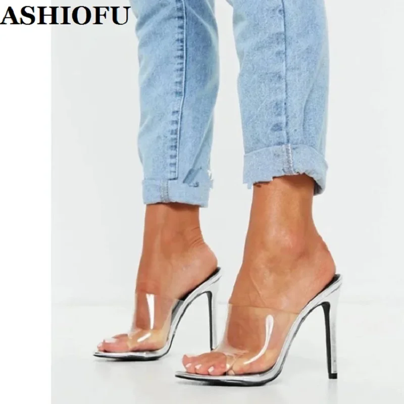 ASHIOFU Handmade New Style Ladies High Heel Sandals PVC Leather Sexy Club Party Shoes Easy-wear Evening Fashion Sandals Shoes