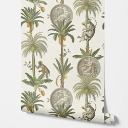 Kids Jungle Animals Wallpaper with Lemurs and Palm Trees in Forest, Cartoon Animal Wall paper Jungle Friends with coin motifs