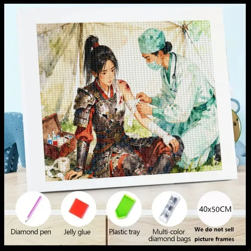 

1PC 5D Full Drill Diamond Painting Kit, DIY Historical Fantasy Warrior Woman & Compassionate Medic First Aid Scene, Large 40x50C