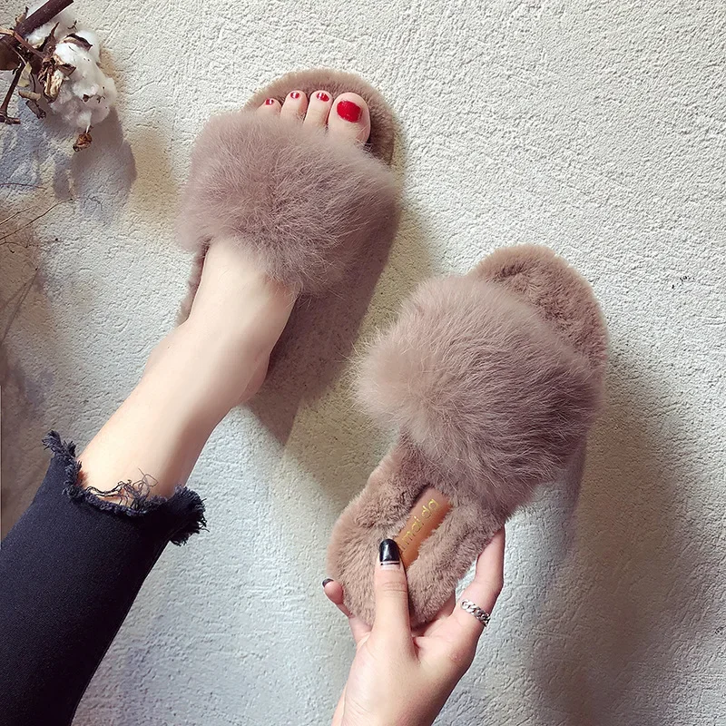 Women Autumn Winter Casual Fur Slippers Flat Non-slip Solid Real Fox Slides Fluffy Ladies Shoes Woman