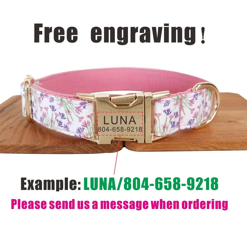 Personalized Dog Collar with Free Engraving, Matching Pet Leash,Customzied Contacts Metal Buckle,Pink Flowers Pet Collar