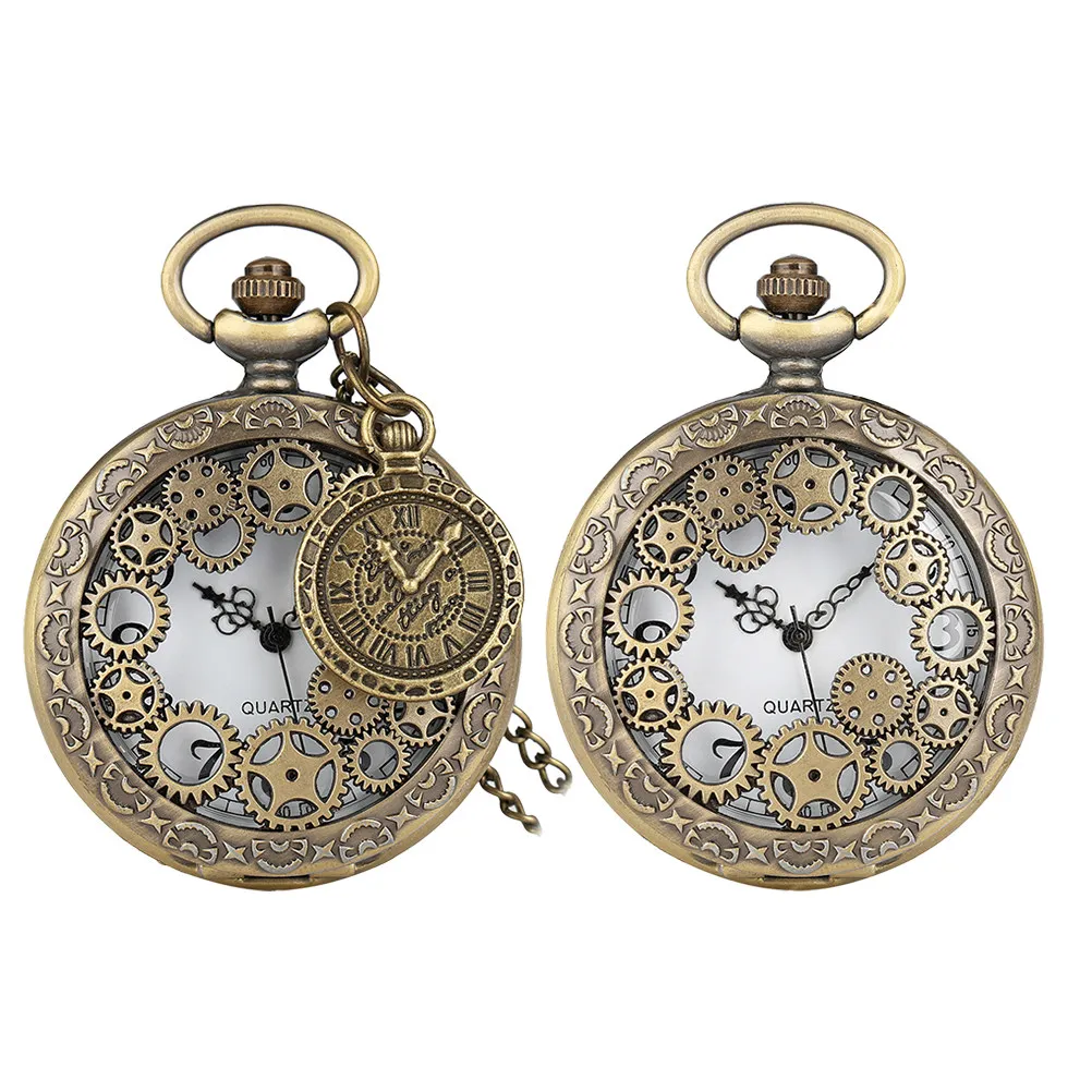 

2Pcs Roman Dial Hollow Gear Pocket Watch Classic Retro Necklace Pendant Hanging Chain Vintage Timekeeping Gift for Men