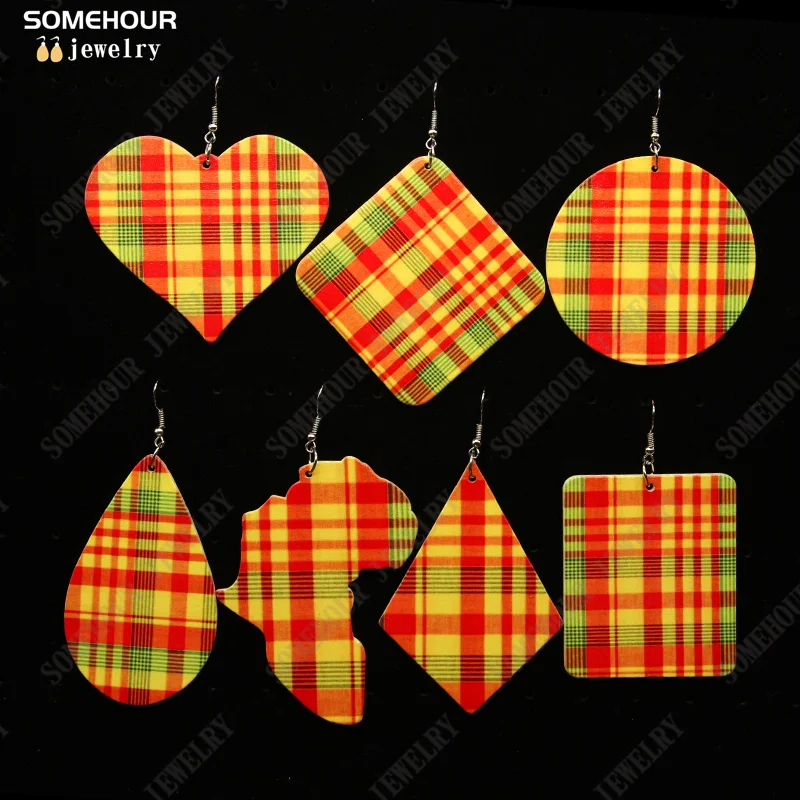 SOMEHOUR 7 Shapes Madras Plaid Print Wooden Drop Earrings African Ethnic Art Geometric Pendant Dangle Jewelry For Women Gifts