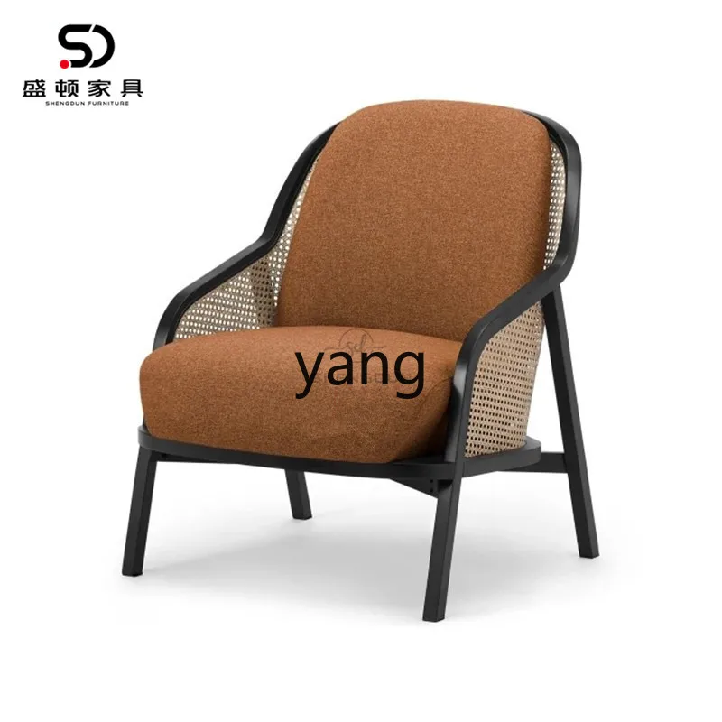 LH  New Chinese-style rattan solid wood fabric single chair B & B cafe leisure chair