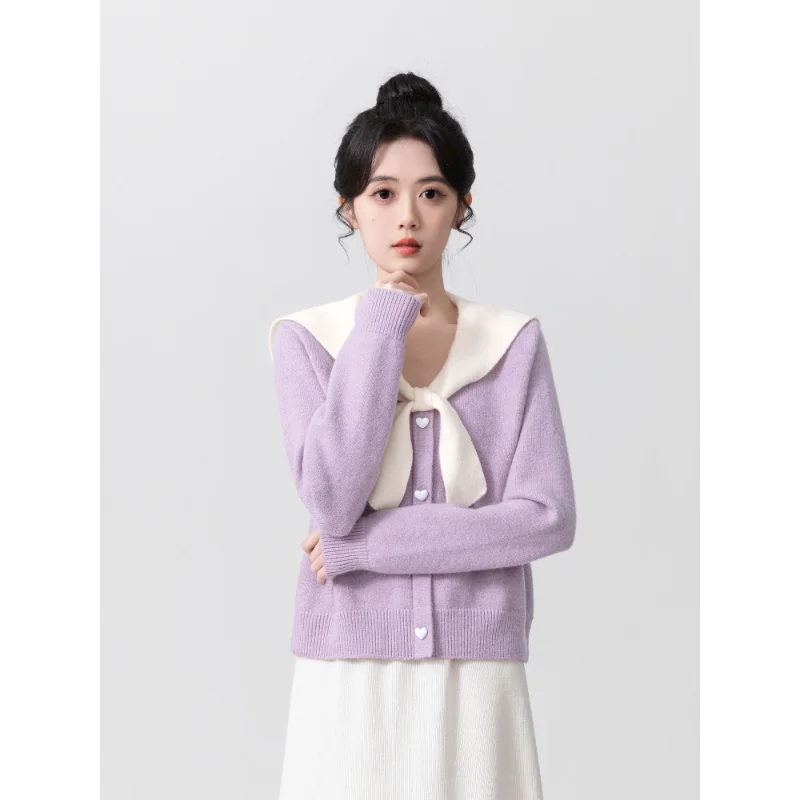 

Purple Bow Tie Knitted Cardigan Women's Gentle Style Navy Collar Sweater Jacket Top