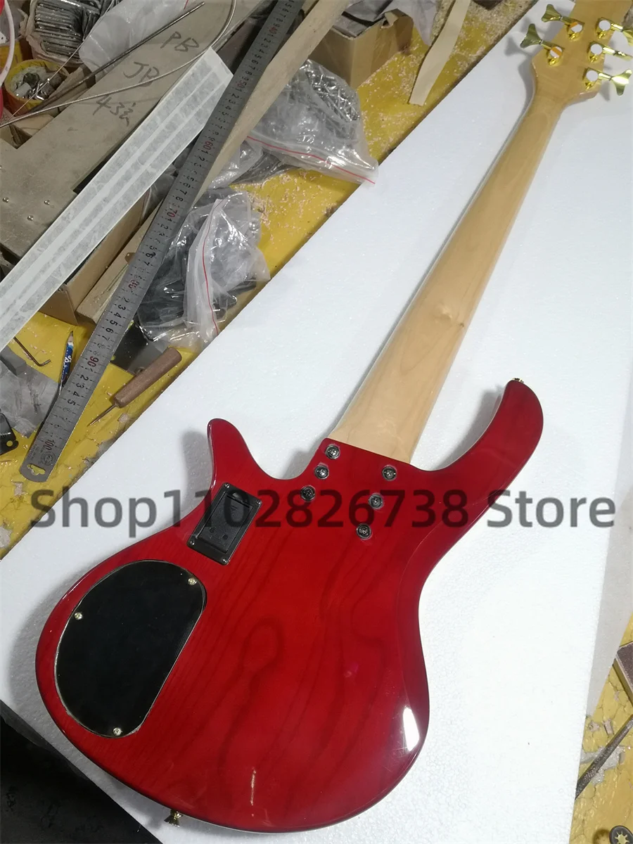 5 String Red Electric Bass Deol body Ash Wood Burl Top Maple fingerboard white shell set 24 Frets active battery active passive