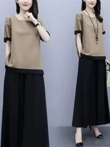 

Summer Fashionable Loose Wide Leg Pants Skirt Set for Middle-Aged And Elderly Mothers High Waist Long Pants Short Sleeve