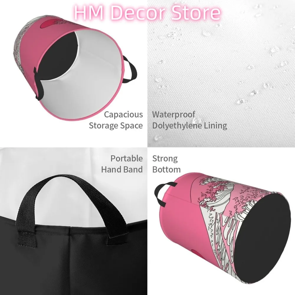 Laundry Basket Pink Wave and Sun Oxford Cloth Collapsible Laundry Hamper Storage Basket with Handle for Kitchen Bedroom Living r - view 4