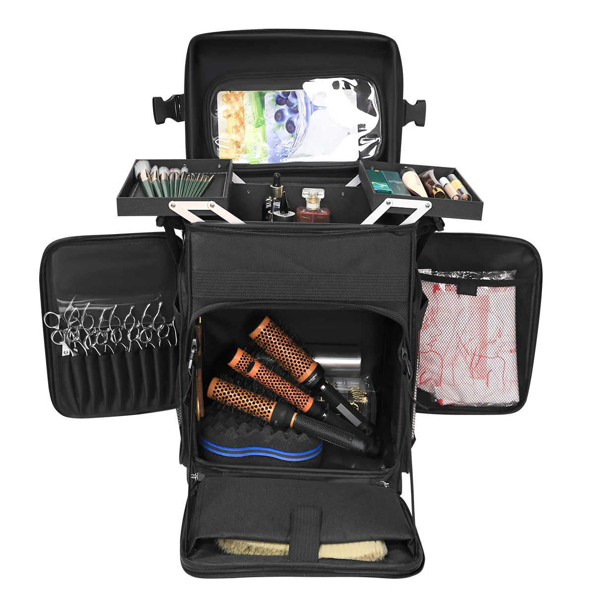 Makeup Travel Case 2in1 Rolling Cosmetology Train Organizer Detachable Wheels Brush Bag Liftable Trays Nail Hair Tools Storage