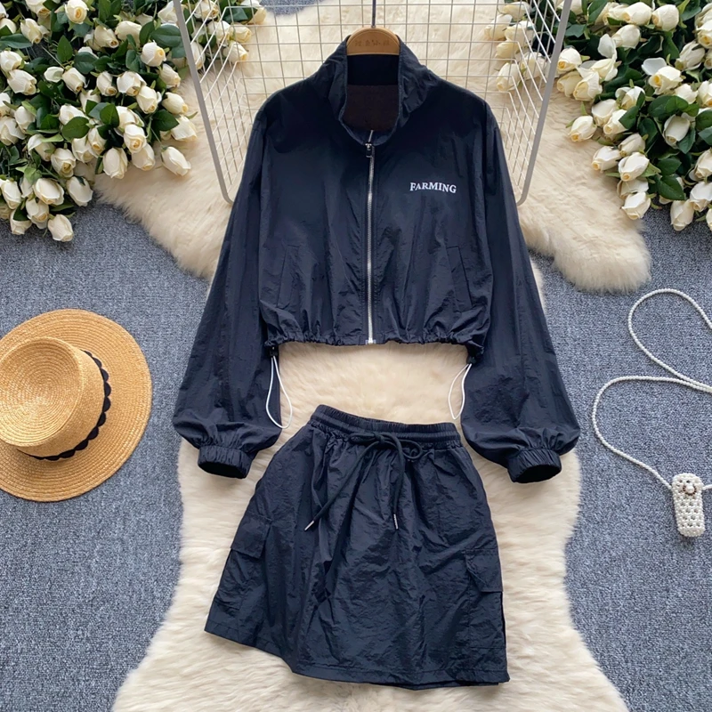 Summer Women's Set Stand up Collar Drawstring Waist Sunscreen Jacket and High Waist Skirt Two Piece Set Casual Jogging Set