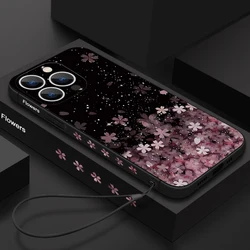 Luxury Sakura Print Lanyard Case For iPhone 15 14 Pro Max Coque iPhone 11 12 13 16 Pro Max SE 2022 16e 17 Air Soft Cover Funda