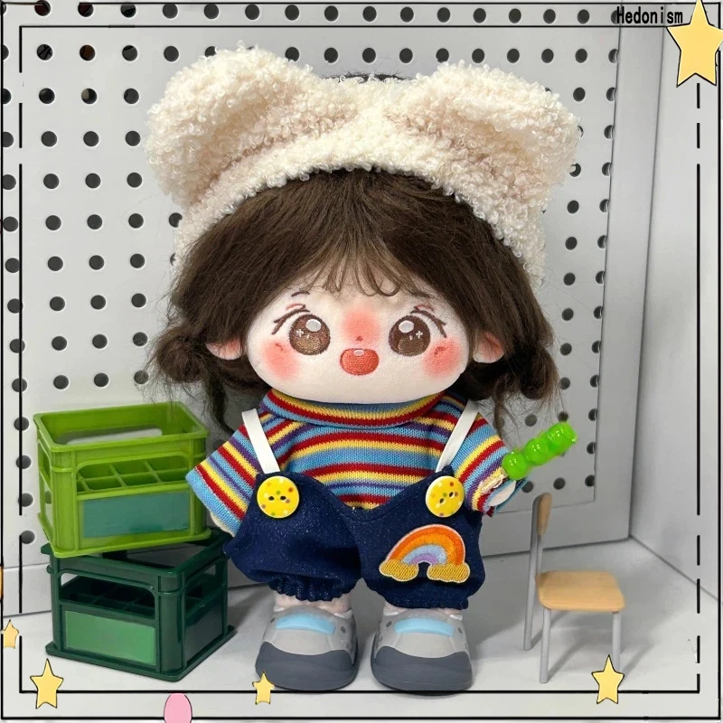 

Suitable For 20cm Cotton Doll Clothing Cute Bear Ear Hat Striped Rainbow Color Top Pink Striped Shirt Fashionable Overalls Gift