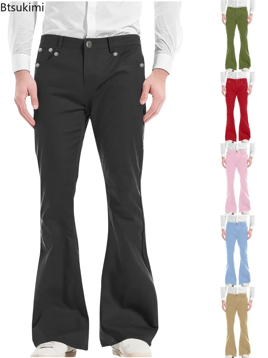 

New Fashion Men's Retro Flare Pants Solid Slim Fit Mid-Rise Trousers Casual Streetwear Classic 70s Bell Bottom Four Seasons Wear