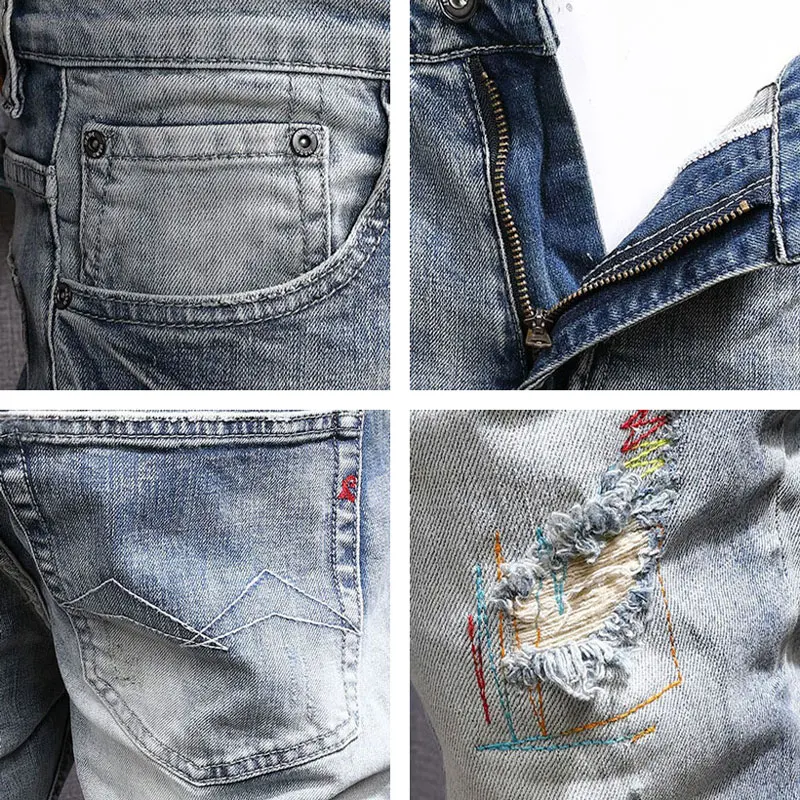 Fashion Vintage Men Jeans Retro Washed Light Blue Elastic Slim Ripped Jeans Men Embroidery Patched Designer Denim Pants Hombre