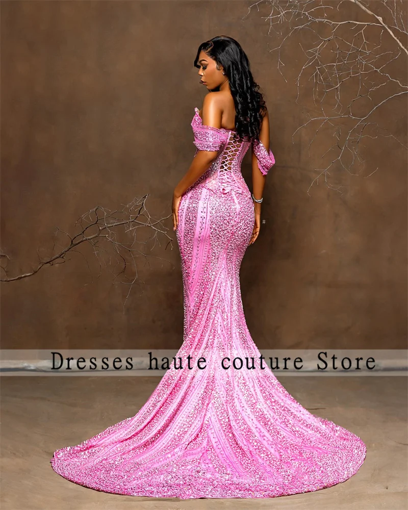 Aso Ebi Roze Kralen Kant Zeemeermin Avondjurken 2025, Uit De Schouder Prom Dress Afrikaanse Bruiloft Jurken Lace Up Aangepaste