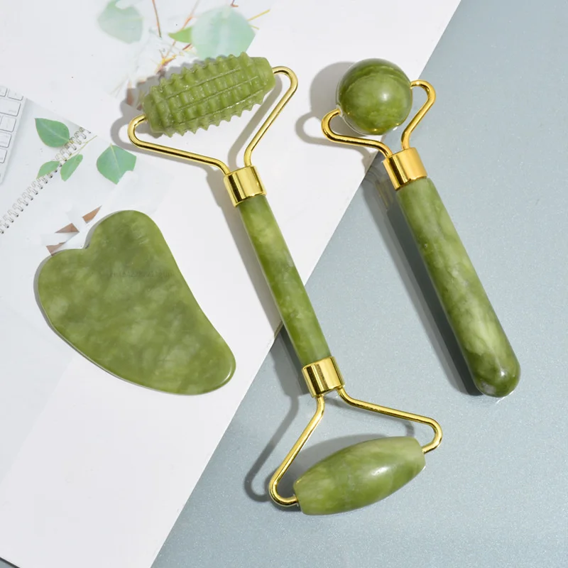 Natural Jade Roller Massager for Face Body Back Foot Massage Roller Facial Liftting Anti-wrinkle Double-end Gua Sha Jade Stone