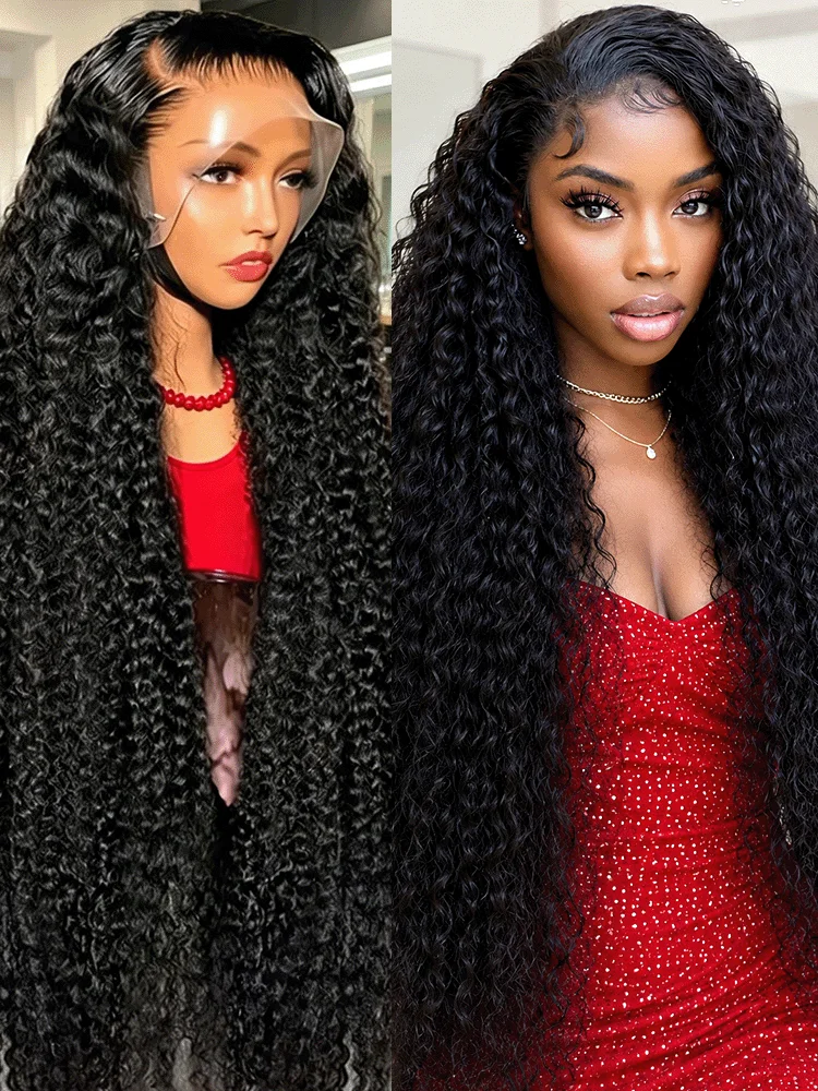 

HD Transparent Lace Frontal Wigs Deep Curly Wave Human Hair Wigs 250 Density 13X4 13x6 Lace Wig Front Pre Bleached Knots Pre Plucked For Women 36 46 Inches Brazilian Hair Water Wavy Wigs Natural Black Color