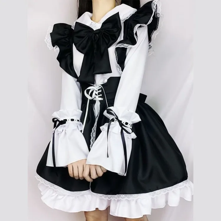 Harajuku Kawaii Cosplay Lolita Black White Dresses Two Sets Slim Waist Dress for Women+ Y2k E-Girl Long Sleeve  Tops