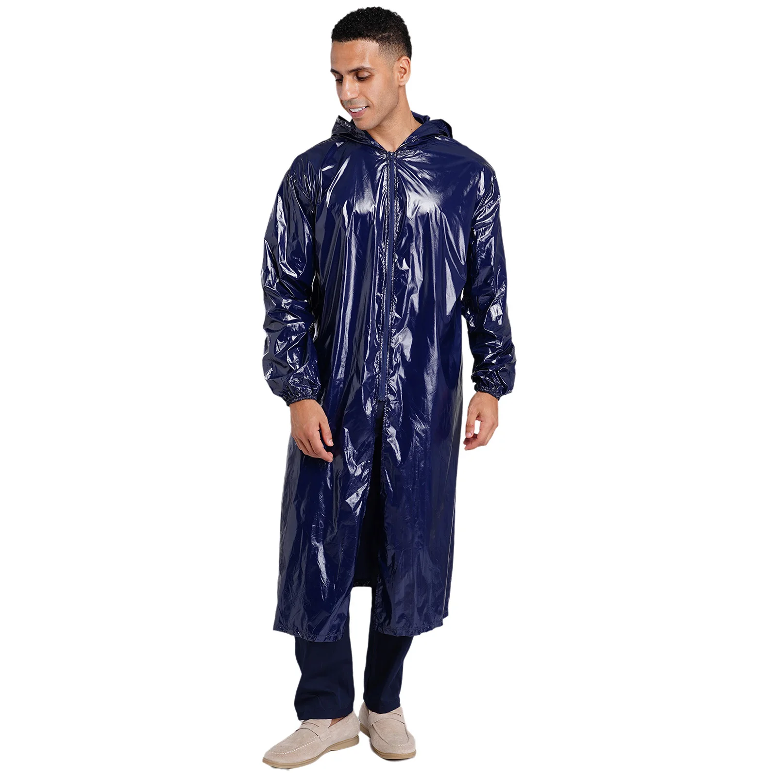 Mens Waterproof Hooded Long Jacket Tops Long Sleeve Front Zipper Lightweight Raincoat Workwear Poncho Coats Tops