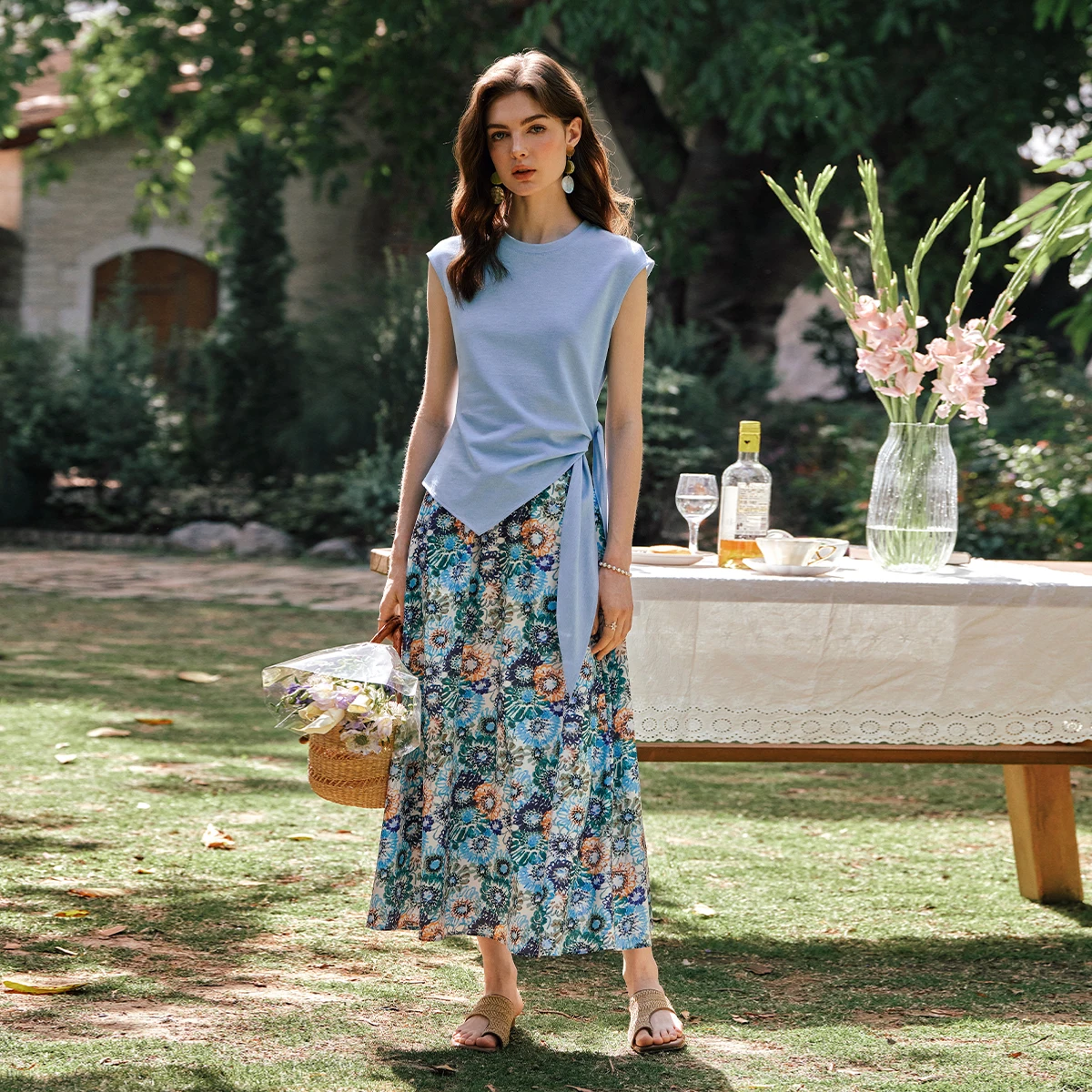 Olrain 2 peça define mulher roupas de férias 2025 verão moda saia floral azul cinta-on conjunto superior roupas femininas seto57xe99629