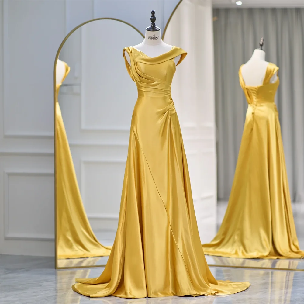 

ROSELLA Yellow Cowl Neck Prom Dresses Pleated Sweep Train A Line Backless Formal Evening Dress New 2023