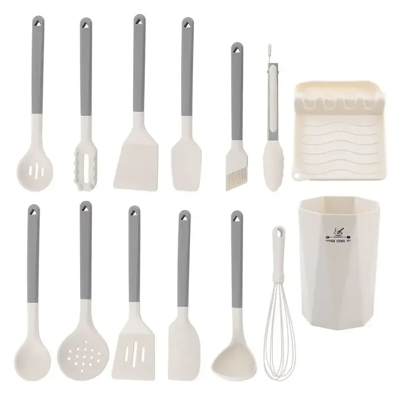 12/13Pcs Silicone Cooking Utensils Set Wooden Handle Cooking Tool Non-stick Cookware Spatula Shovel Egg Kitchenware Beaters