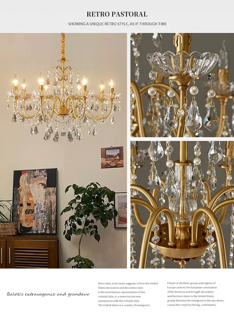 European Crystal E14 Chandelier French Gold Candle Pendant
