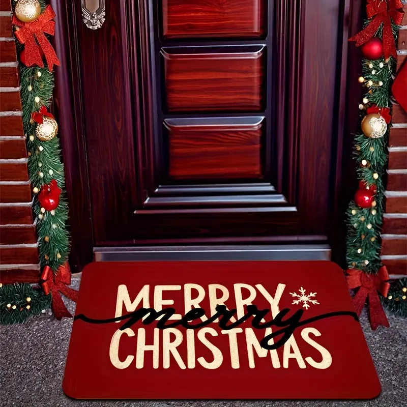 Wood Background Three Gnomes Merry Christmas Doormat Pine Wreath Berry Print Indoor Floor Rug Winter Holiday Entryway Carpet