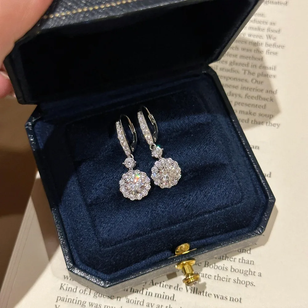 Luxury 925 Sterling Silver Halo Sunflower Zircon Dangle Earrings for Women Sparkling Leverback Hoop Dangles Bridal Party Jewelry