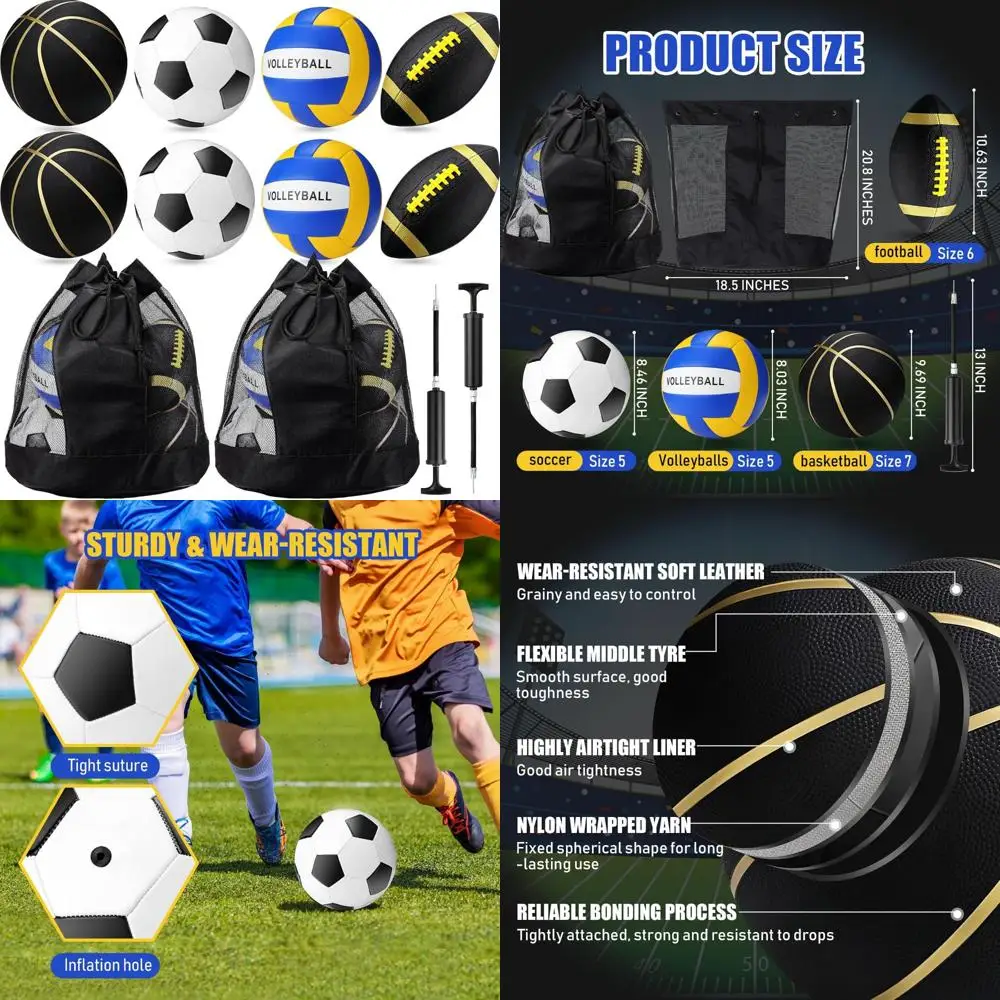Полный комплект спортивных мячей из 8 предметов с баскетболом, футболкой, волейболом, 2 сумками для снаряжения, 2 насосами для подростков, молодежи,